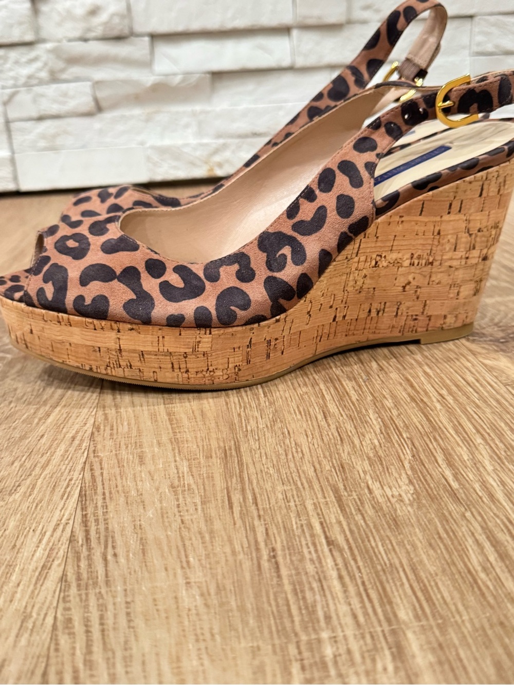 Stuart Weitzman Leopard Print Cork Wedge Slingback Sandals NWOT Women’s 10.5M - Picture 5 of 7